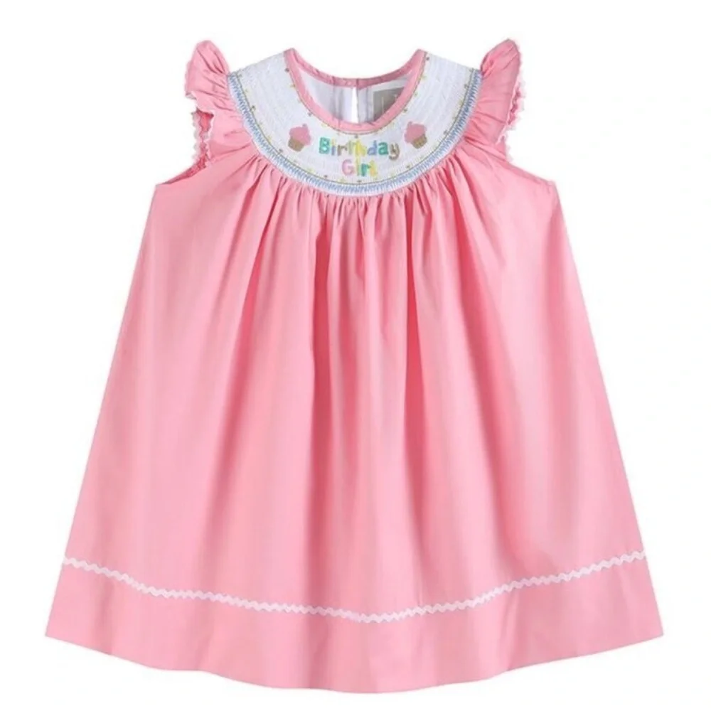 Lil Cactus Girls Birthday Girl Smocked Bishop Dress, Pink 2T